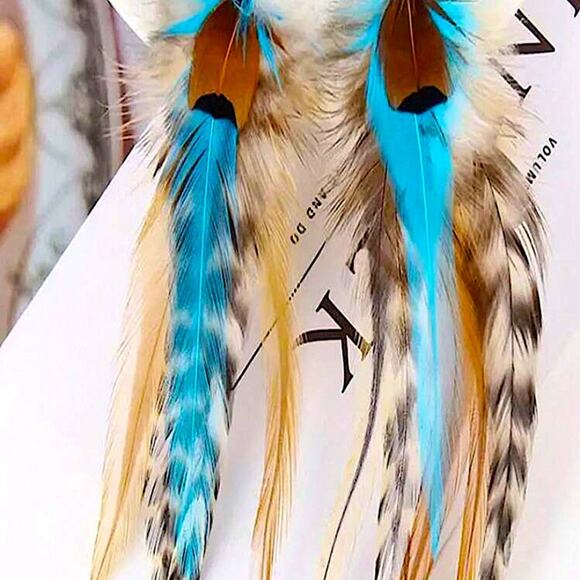 Bohemian Handmade aFeather Dangle Earrings, Turquoise brown , Western, Boho,… - Picture 2 of 4